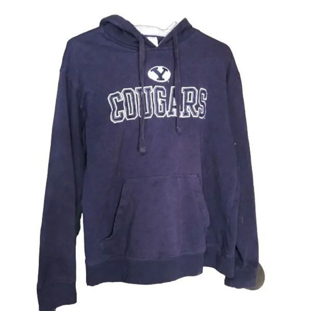 Champion Mens Brigham Young University Cougars Hoodie M Navy Blue Reverse Weave